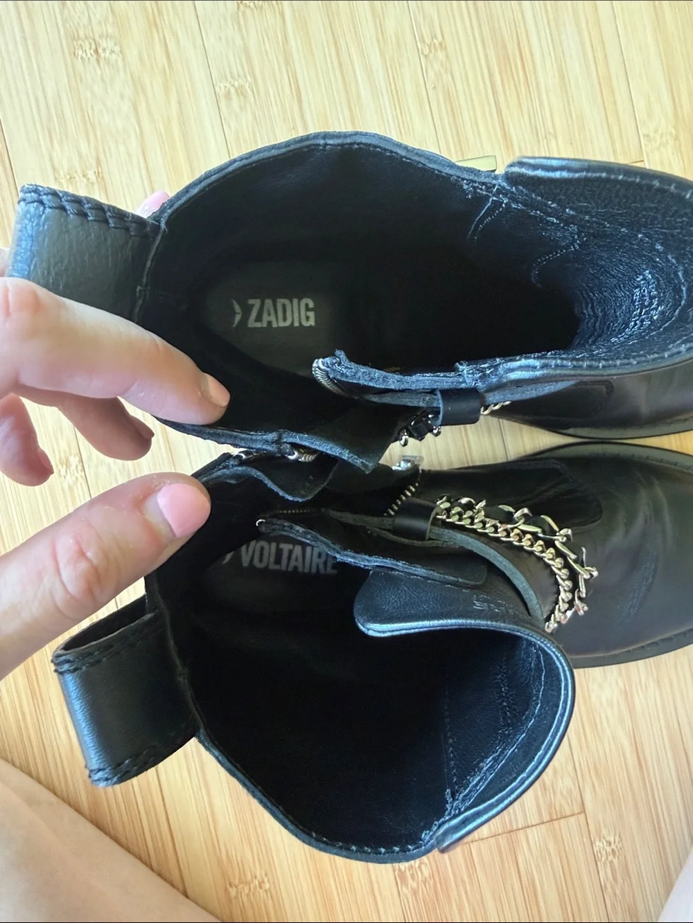 Zadig and Voltaire black moto boots with chain detail buckle